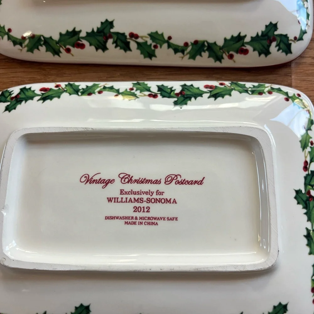 Williams Sonoma 2012 Vintage Christmas Postcard Plates Set Of 4 Holly 7×5 Tray